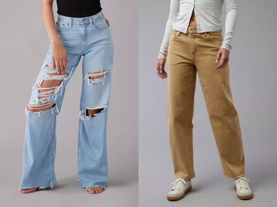 two women wearing american eagle jeans