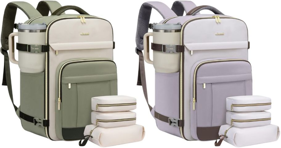 two stock images of travel backpacks in green and coffee colors