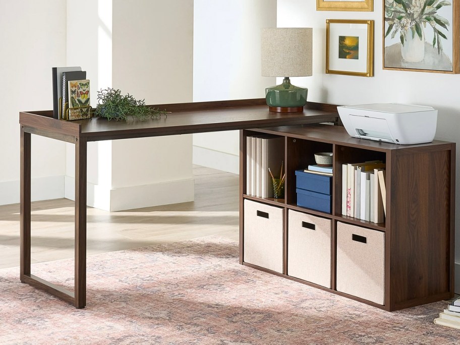 brown l desk with 6 storage cubes in room 