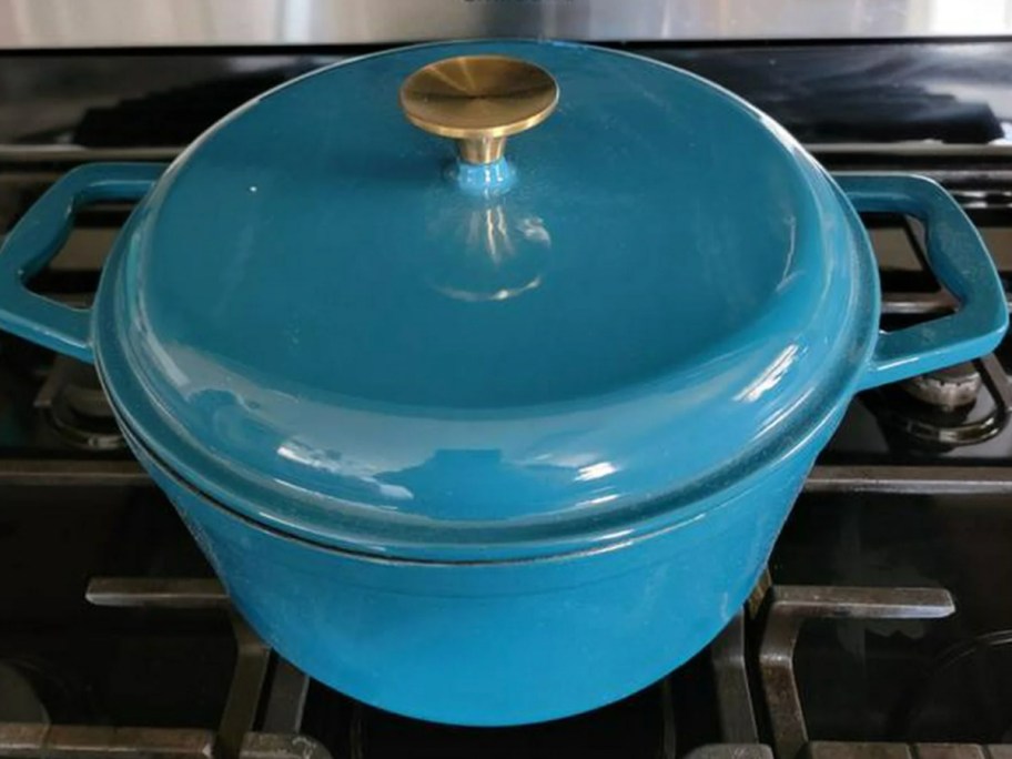 blue dutch oven on stove