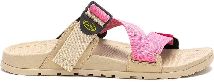 tan and pink chacos slide