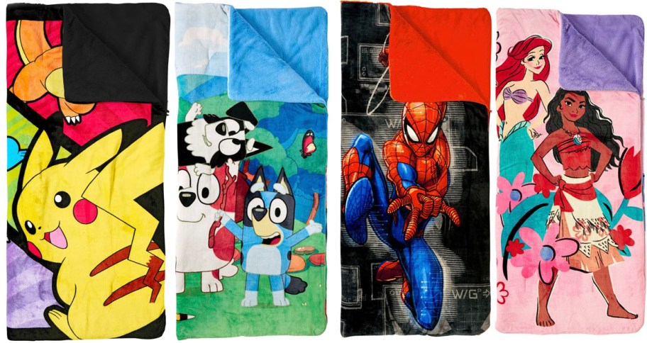 pokemon, bluey, spiderman, and moana slumber bags 