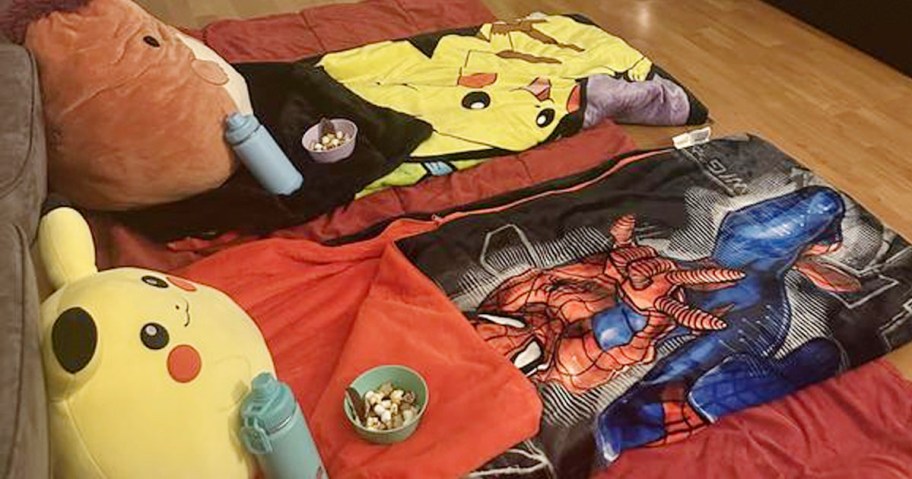 spiderman and pokemon youth slumber bag on floor 