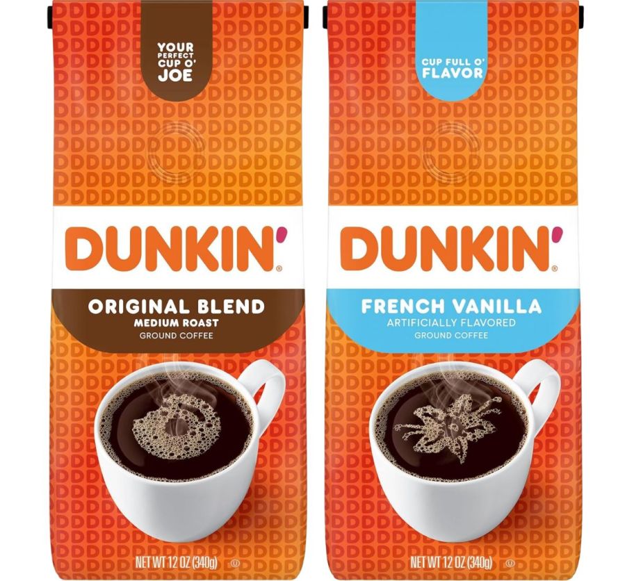 2 12 ounce bags of dunkin ground coffee in original and french vanilla