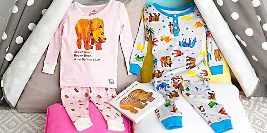 pink and blue brown bear pajamas with book 