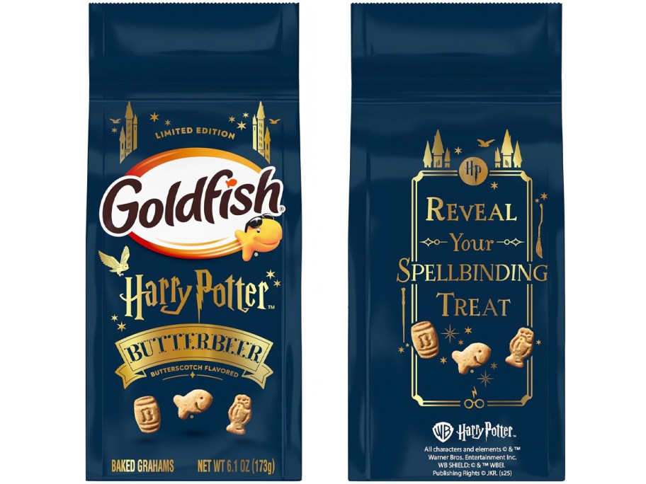 front and back image of harry potter goldfish bags