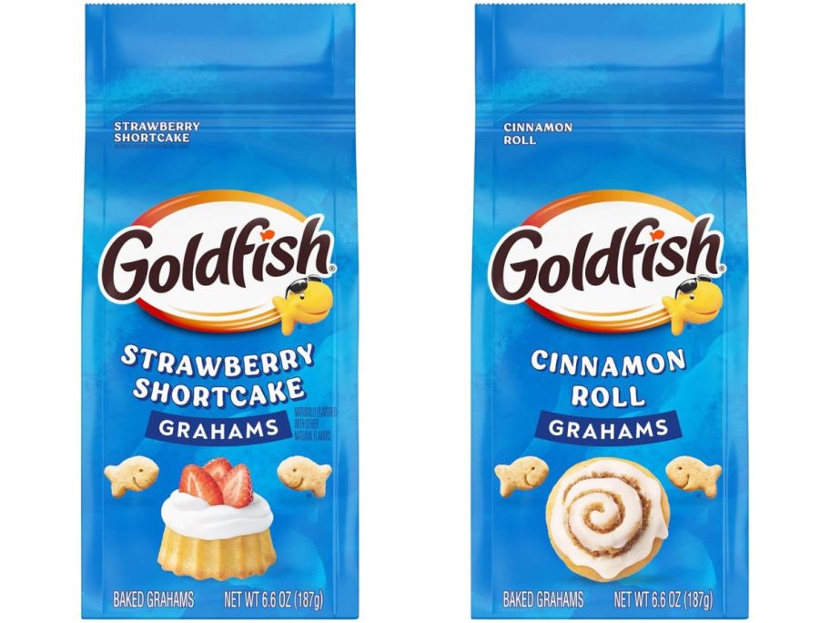 a bag of goldfish grahams strawberry shortcake flavor shown with a bag of cinnamon roll flavored snack crackers