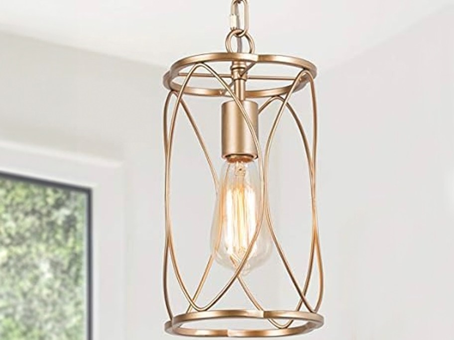 gold cage light fixture hanging in room 