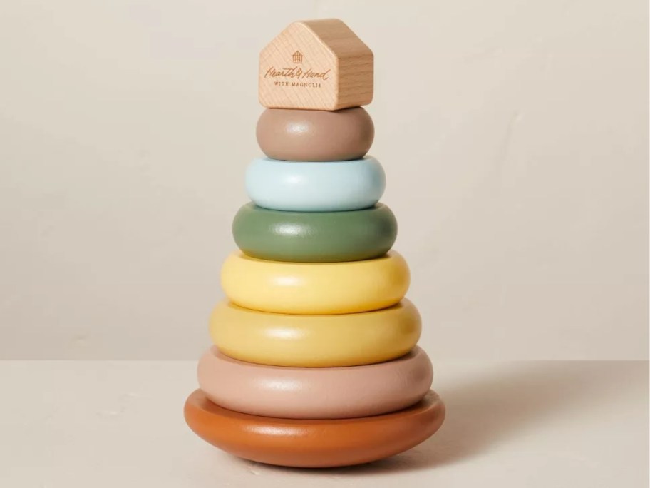 a colorful wooden stacking ring toy