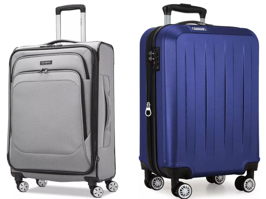 gray luggager and blue luggage