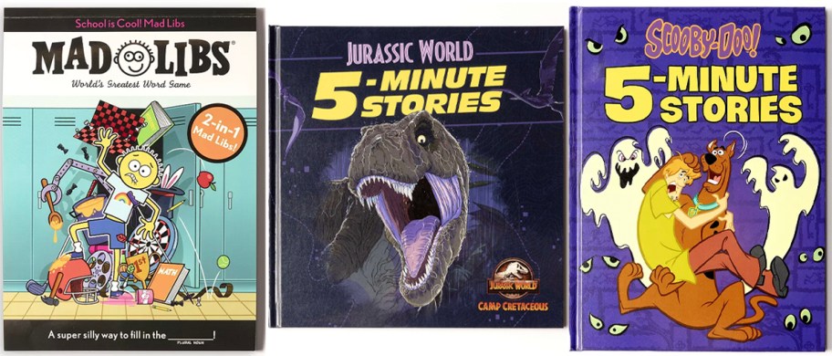 kohls mad libs, jurassic park, and scooby doo books 