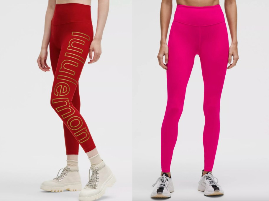 women wearing red leggings with word on side and pink leggings