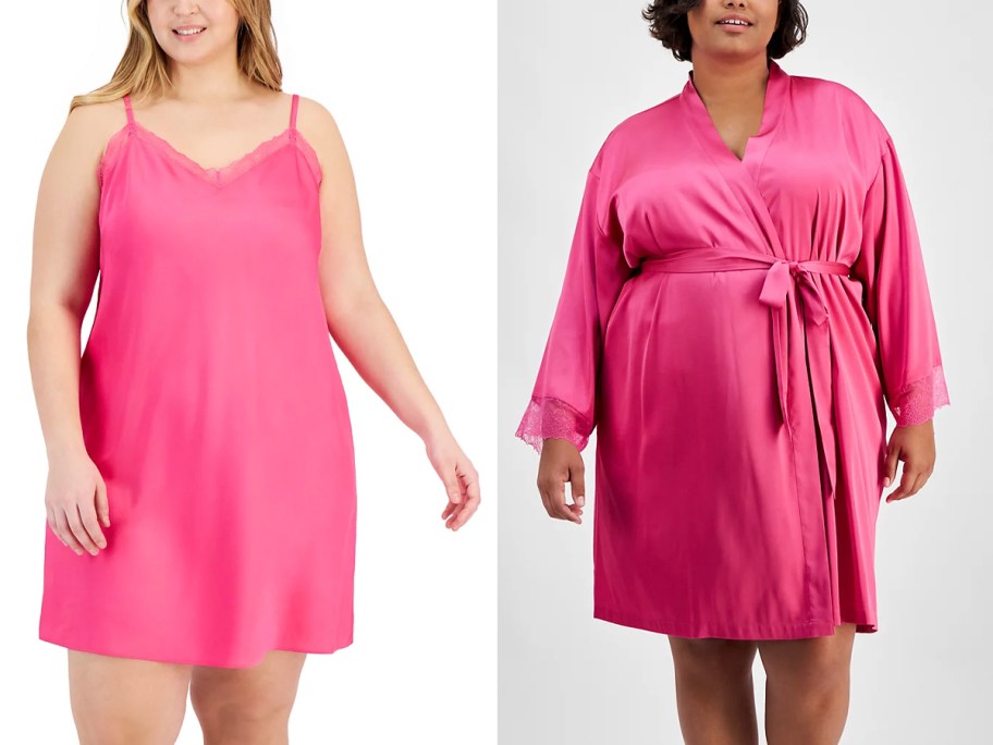 two women wearing pink cami and robe