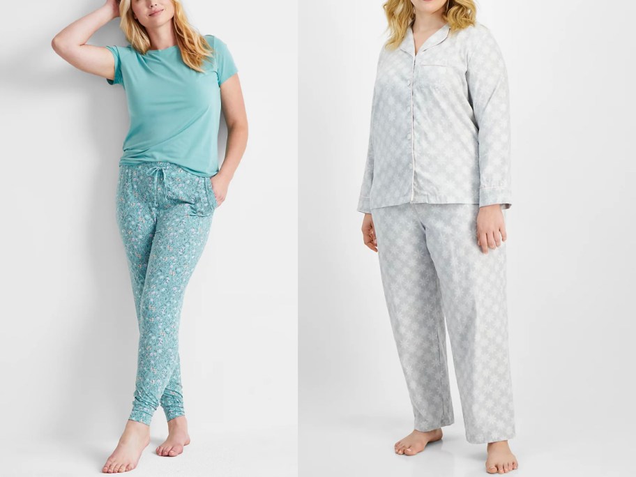 two women wearing teal and gray pajamaa sets 
