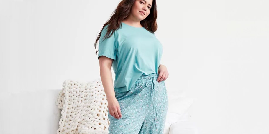 woman wearing blue pajama set
