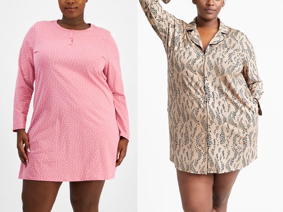 two women wearing pink and print sleepshirts