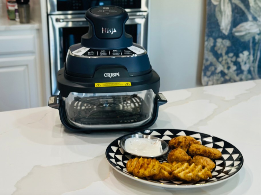 ninja crispi displayed with food on a plate