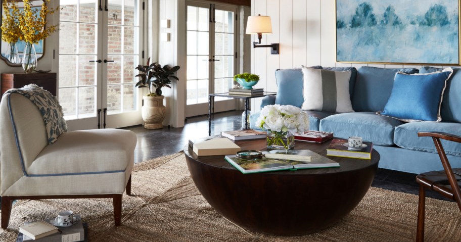 living room with blue couch