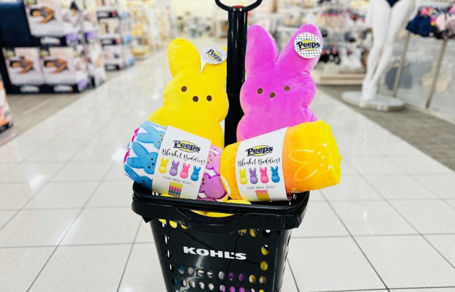 peeps yellow and pink plush and throw sets in a shopping basket in a kohls store