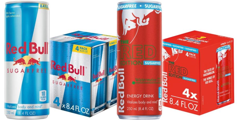 red bull sugarfree 4 packs in original and red edition watermelon