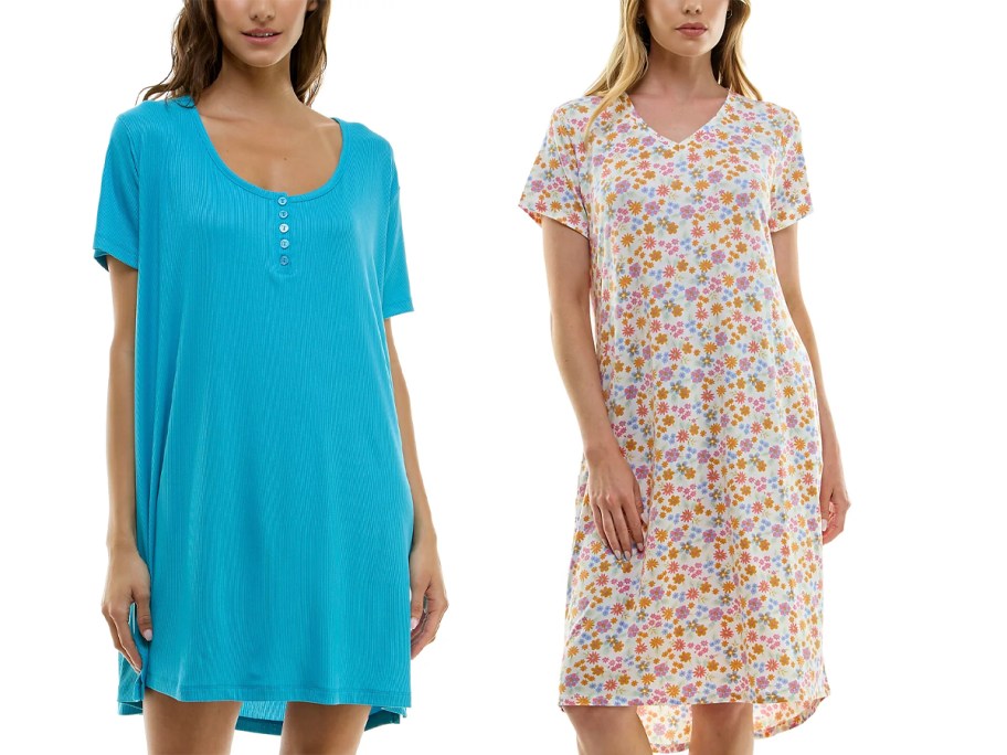 two women wearing blue and floral nightgowns 