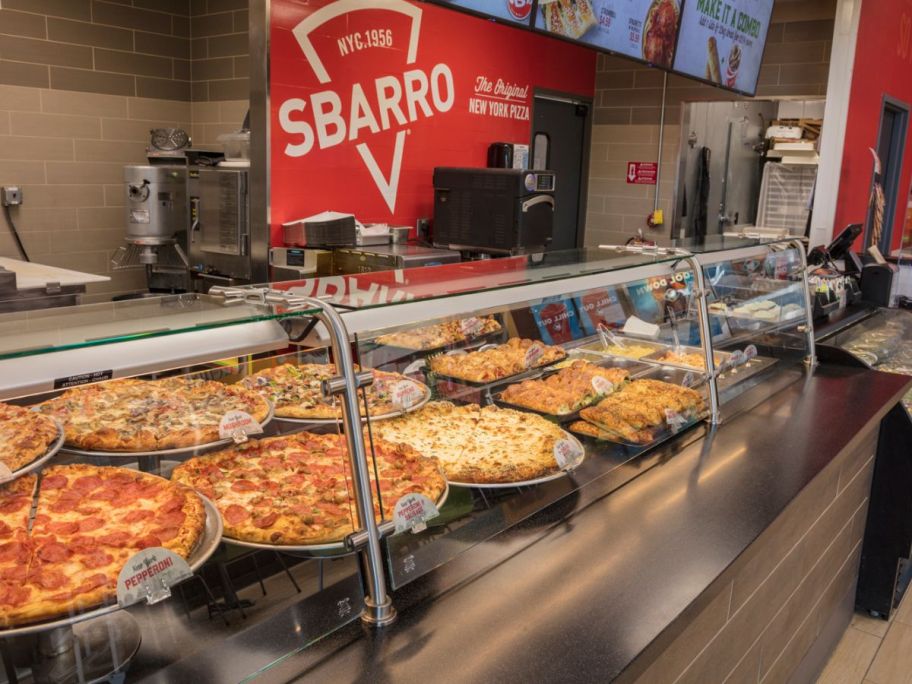 sbarro pizzas on display