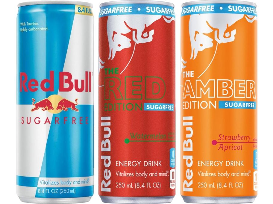 redbull sugarfree energy drinkd in original watermelon and strawberry apricot stock image