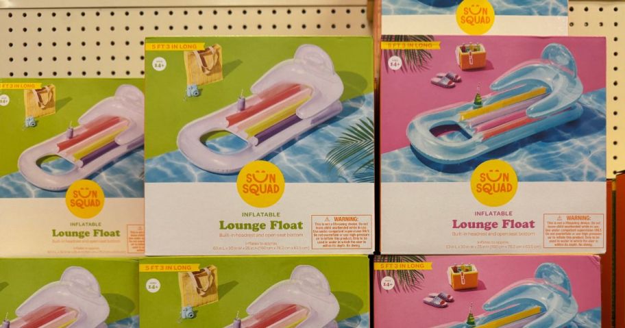 sun squad pool float boxes on shelf in store