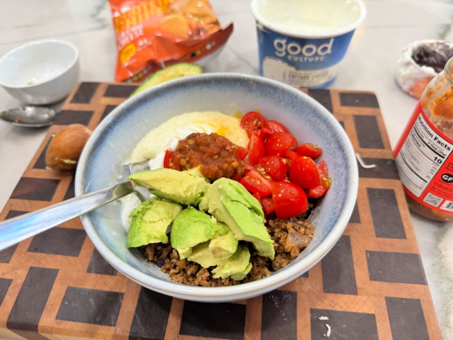 taco bowl with ingredients on the counter