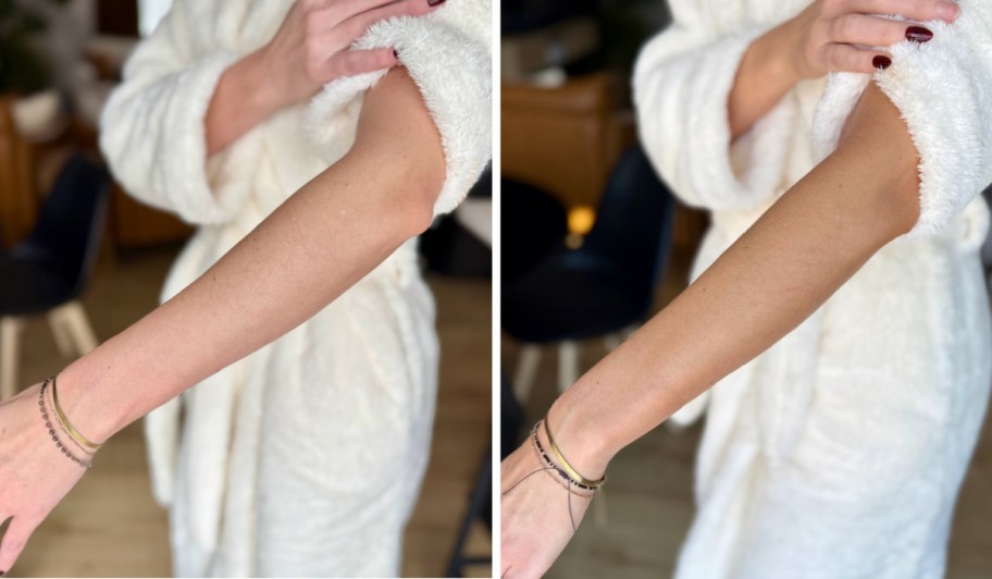 womans arm before/ after tanning drops 