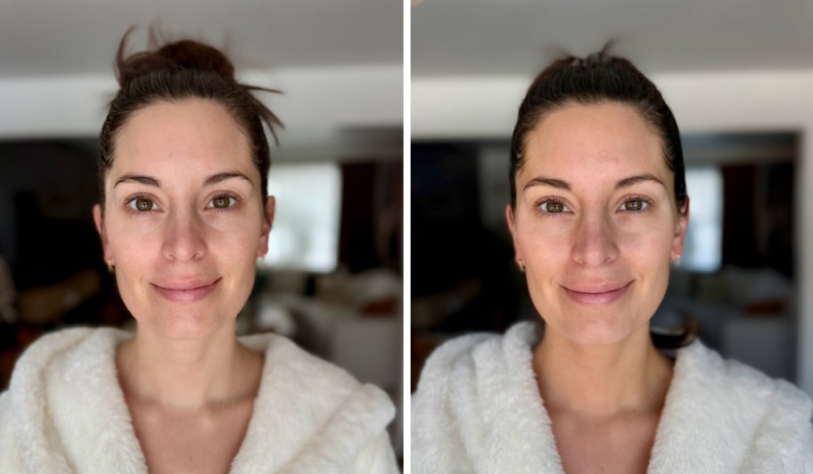 womans face before/ after tan drops