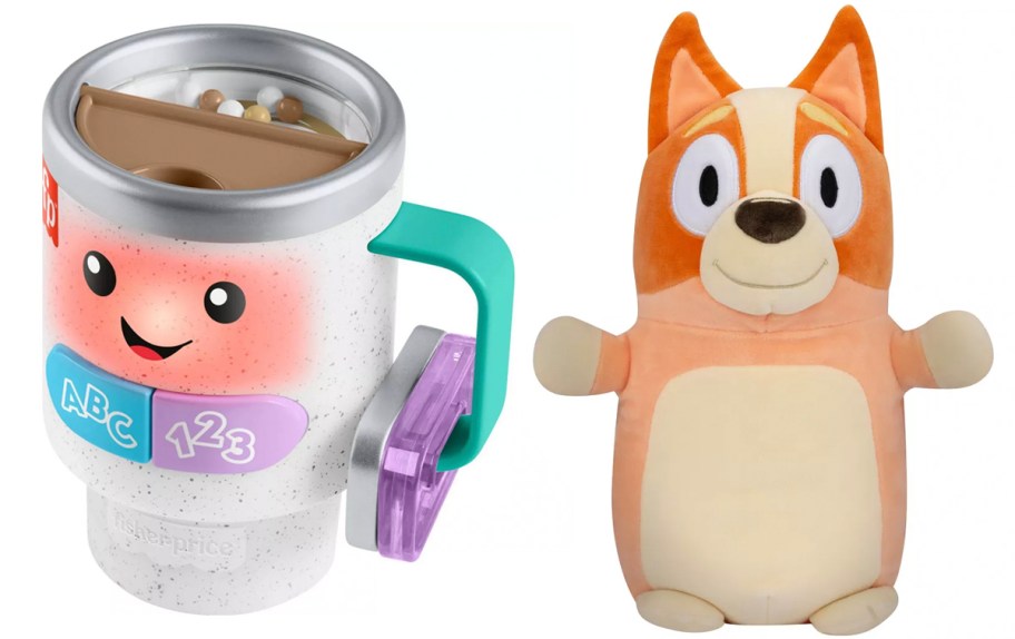 fisher price mug and bluey squishmallow