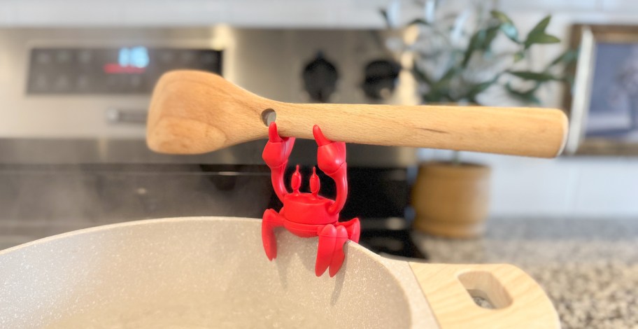 crab on edge of pot holding wooden spoon