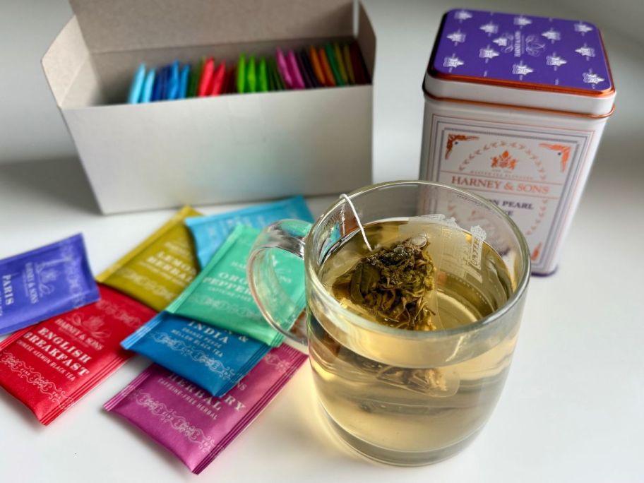 tea sample and tea tin shown with tea cup