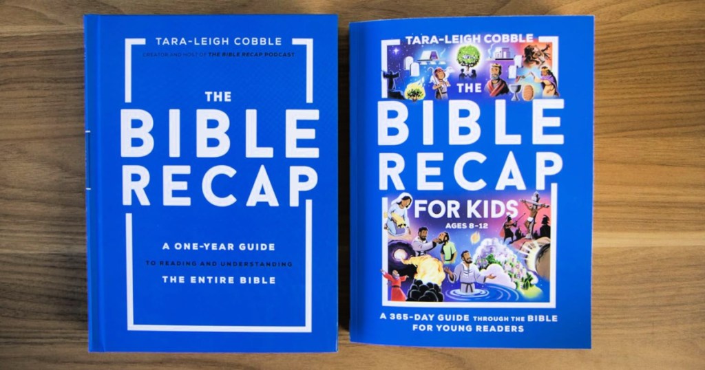 The Bible recap hardcover books for adult adults and kids on wooden table