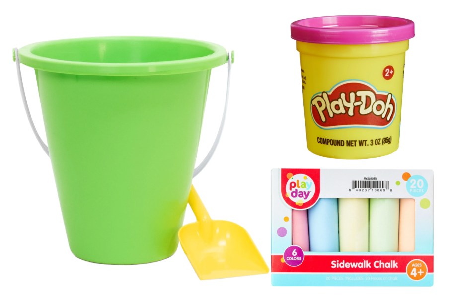 play doh, bucket, and chalk 