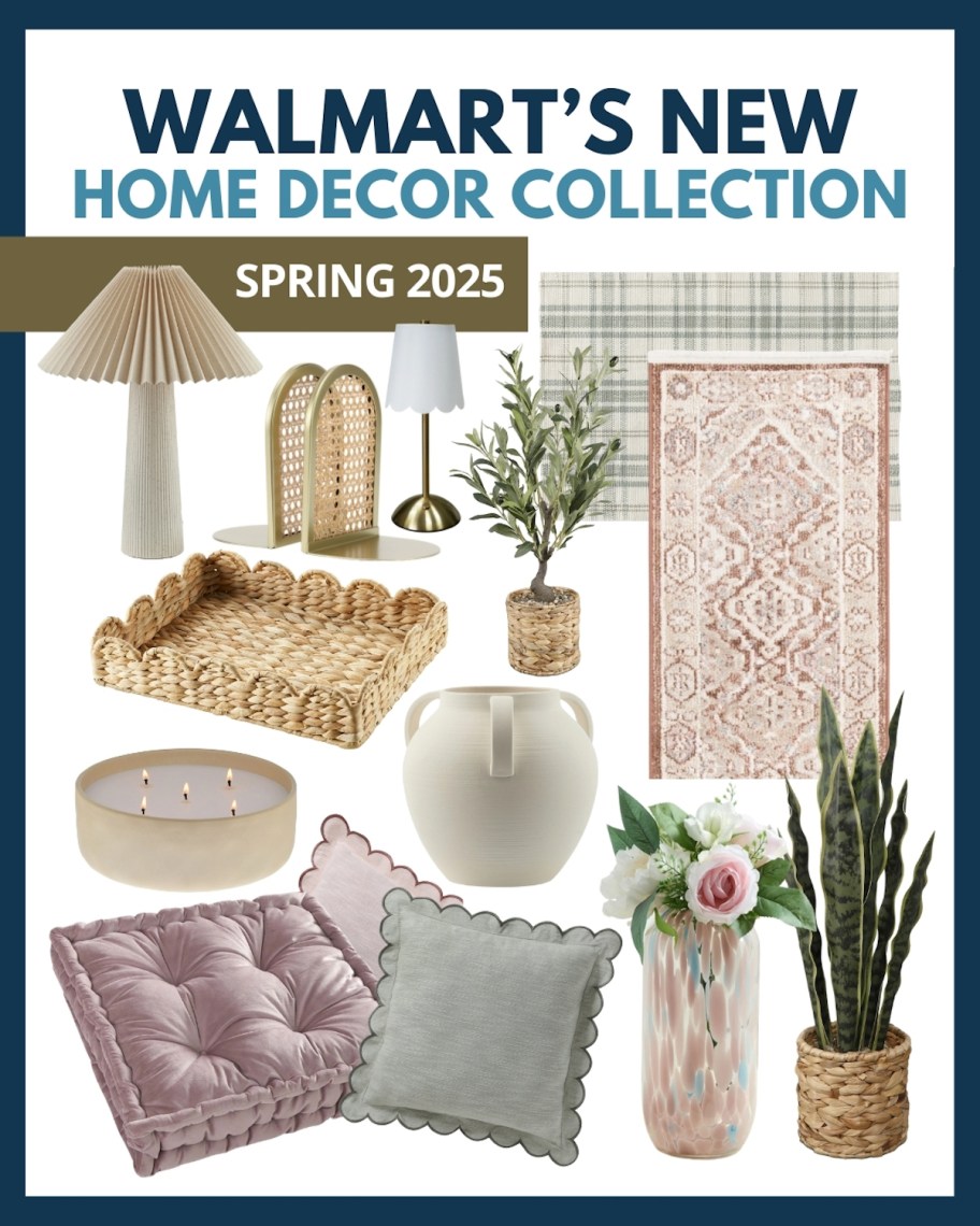 collage of trendy neutral home decor pieces of walmart's new home decor collection