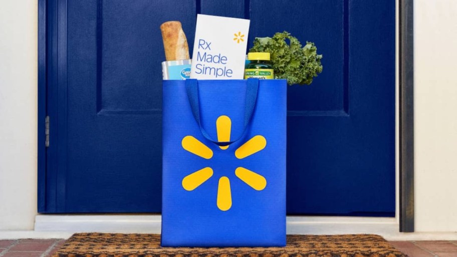 reusable Walmart shopping bag full of groceries on porch