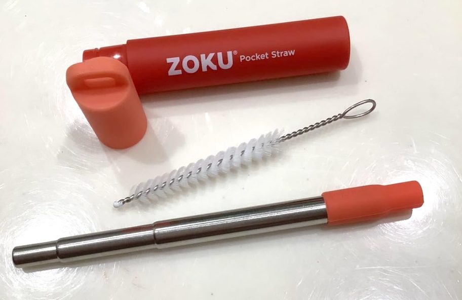 red zoku straw on countertop