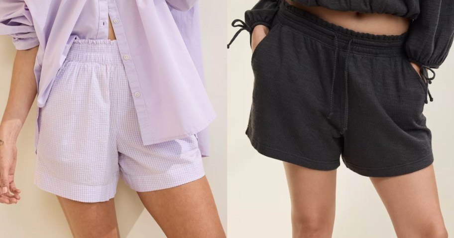 woman wearing lavender and white stripe shorts and a top and woman wearing black shorts and a black top