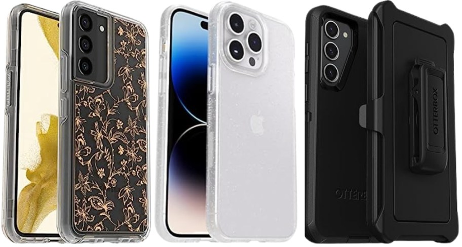 the front and back of 3 smart phones with an Otterbox protective case
