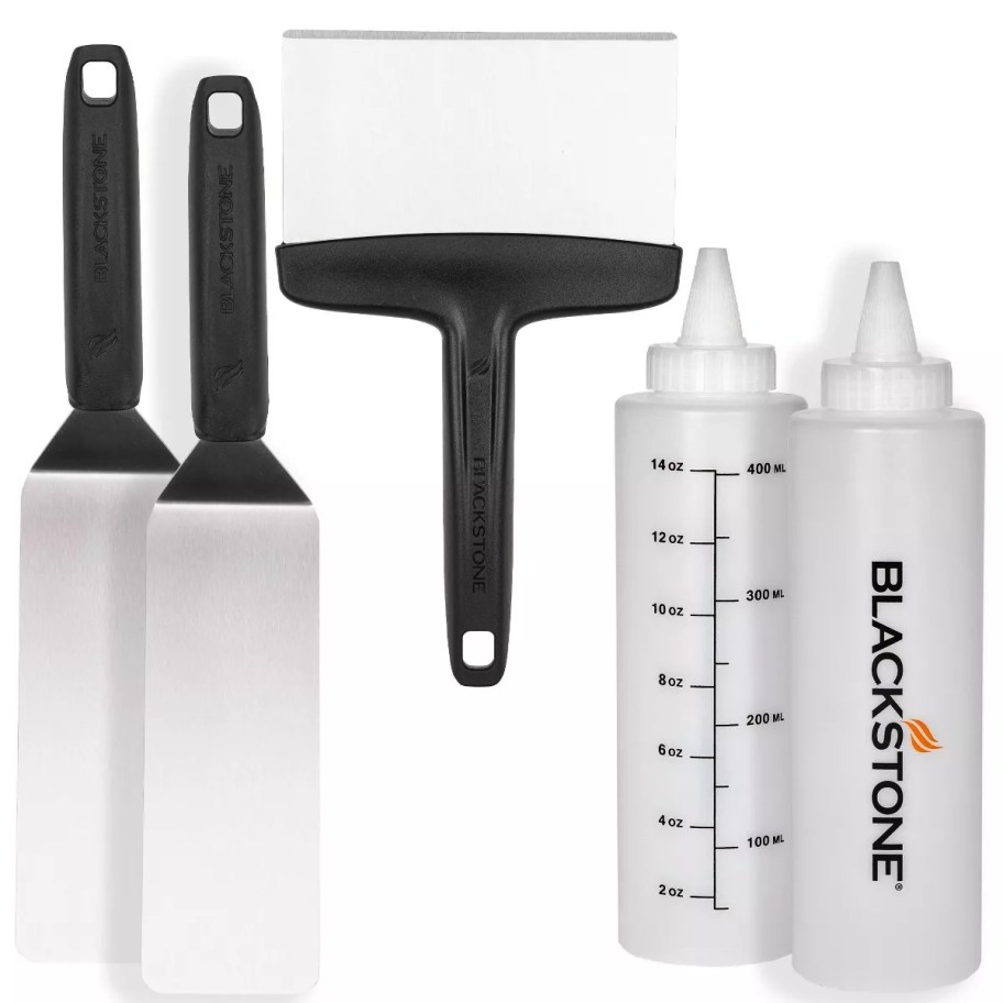 Blackstone grill scraper, spatulas and bottles