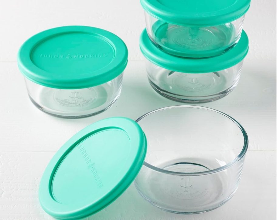 4 Anchor Hocking 2-Cup Glass Food Storage Containers with Mint color lids