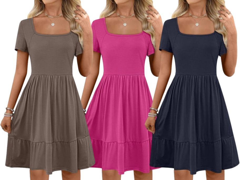 3 women wearing short, flowy dresses