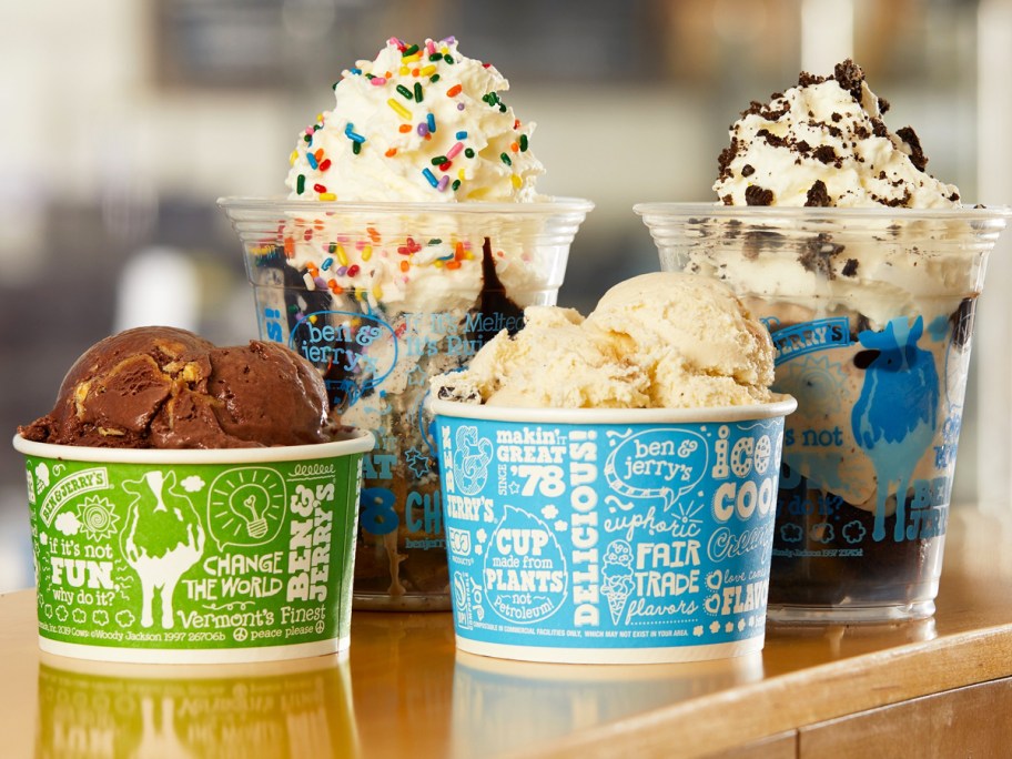 four cups of Ben & Jerry's ice cream on counter