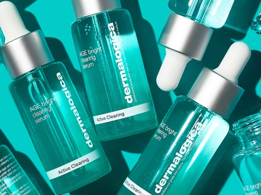 teal bottles of Dermalogica AGE Bright Clearing Serum