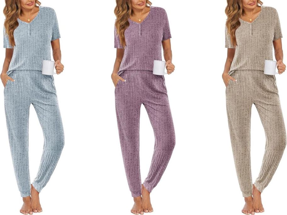 Stock images of 3 women wearing blue, lilac, and oatmeal Ekouaer Women's 2-Piece Jogger Lounge Sets