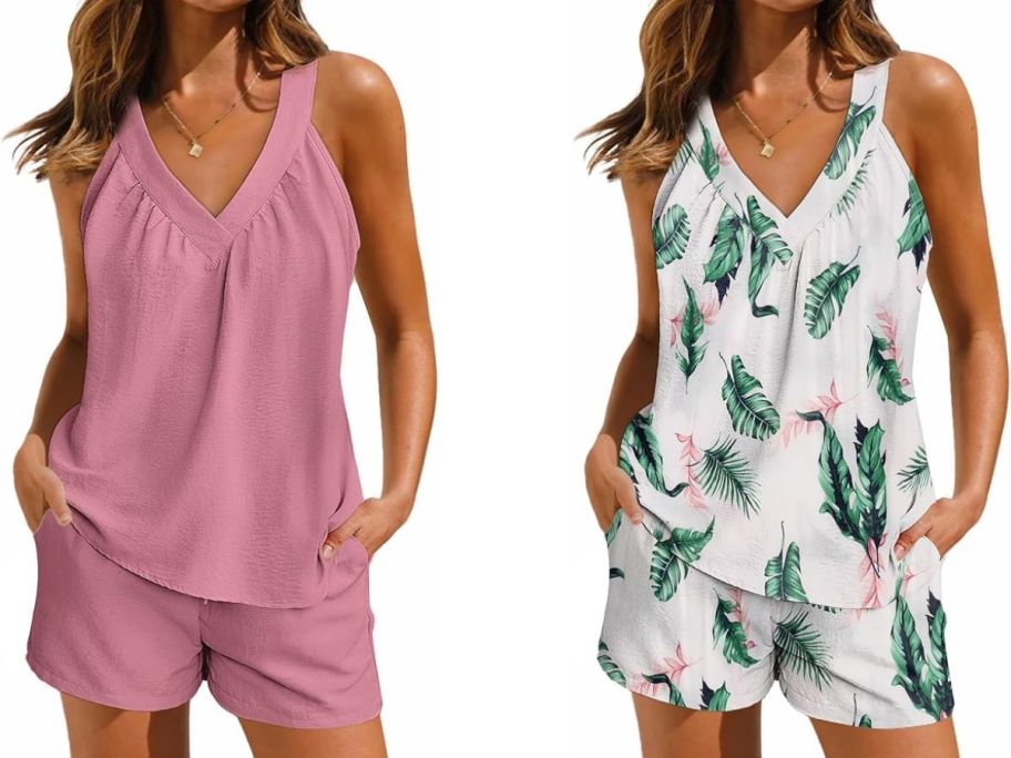 Stock images of two women wearing a dusty rose and green and white palm print Ekouer 2-piece Tank Lounge Set