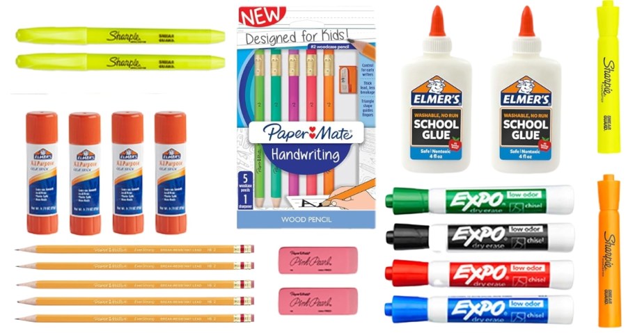 an image with various school supplies like Elmer's Glue Sticks & Bottles, Pencils, Papermate pens, Expo Dry Erase Markers, Erasers, and Sharpie Highlighters