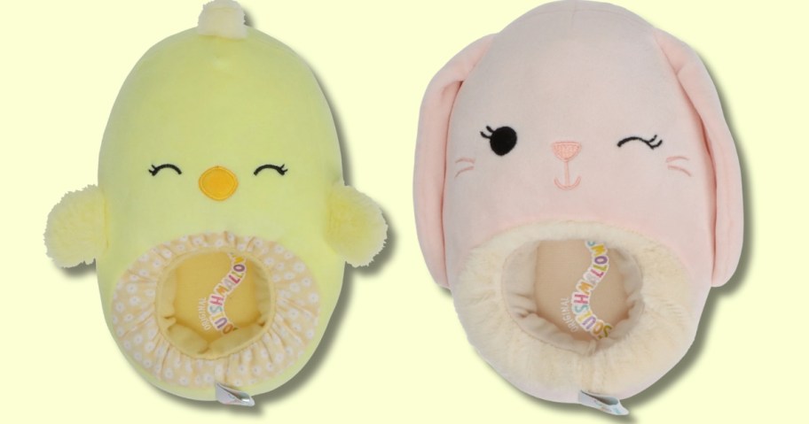 a yellow chick and a pink bunny slipper